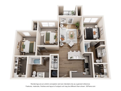 Floor plan for 3 beds, 2 baths, 1079 sqft